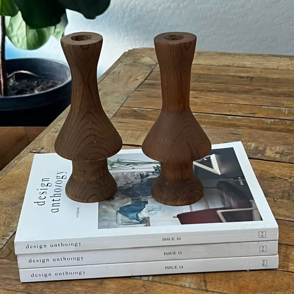 Hand Turned Wood Candlestick Holders Tapered 6.5